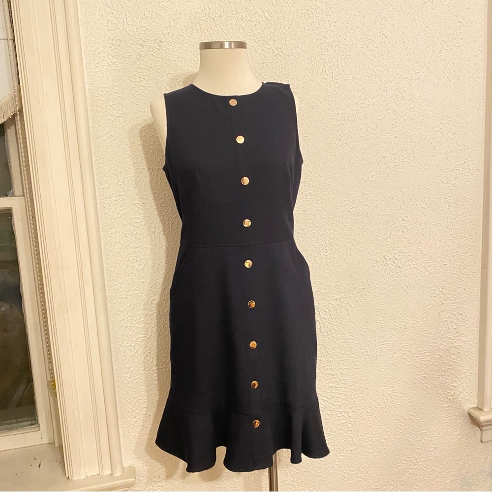 LOFT Mini Dress Navy Gold Buttons Pockets